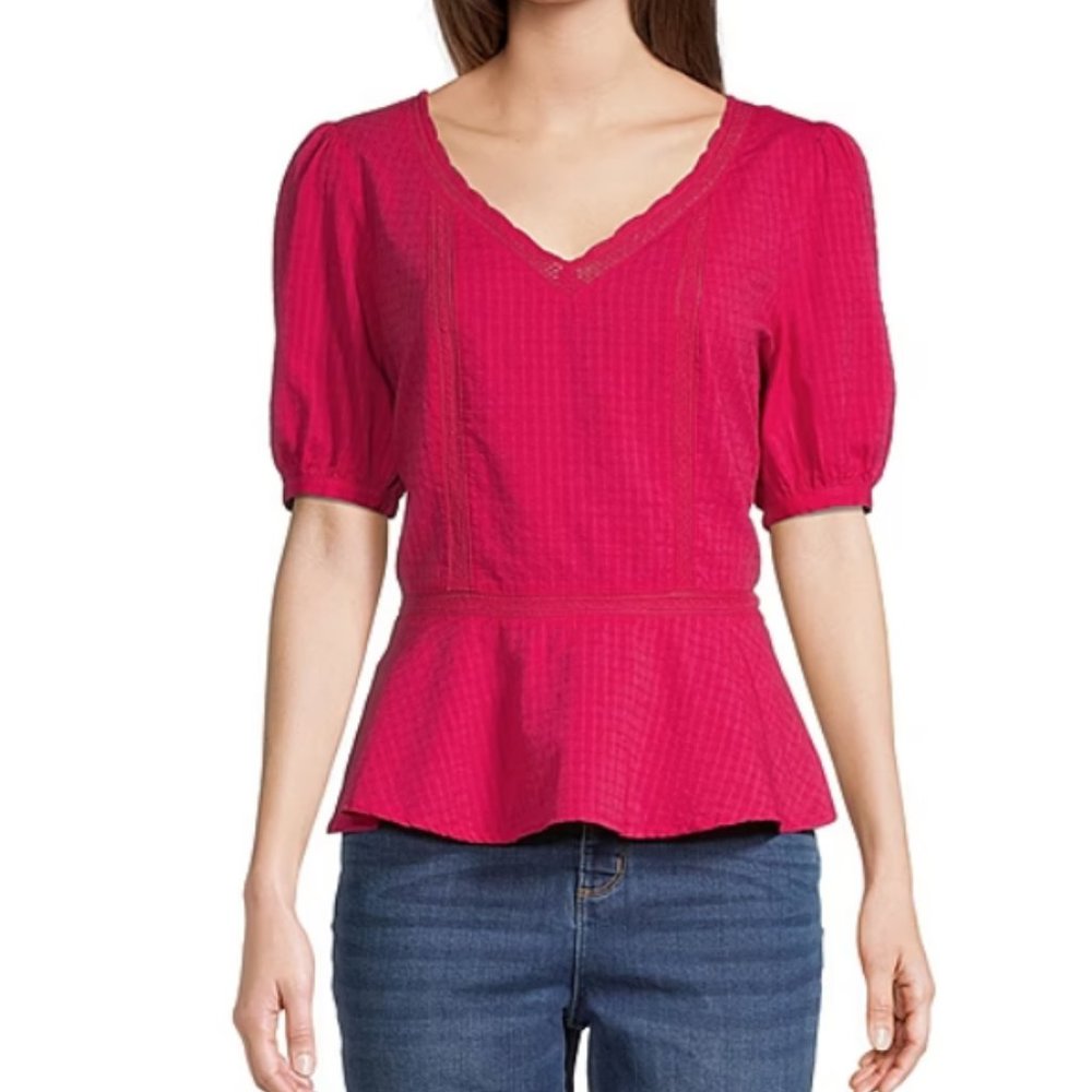 NWT LIZ CLAIBORNE V NECK ELBOW SLEEVE LOVELY ROSE TOP (L)